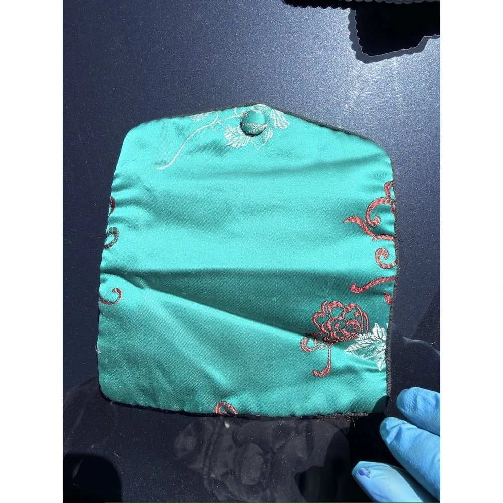 Vintage Brocade Jewelry Pouch Green Red‎ Fabric Coin Purse Small